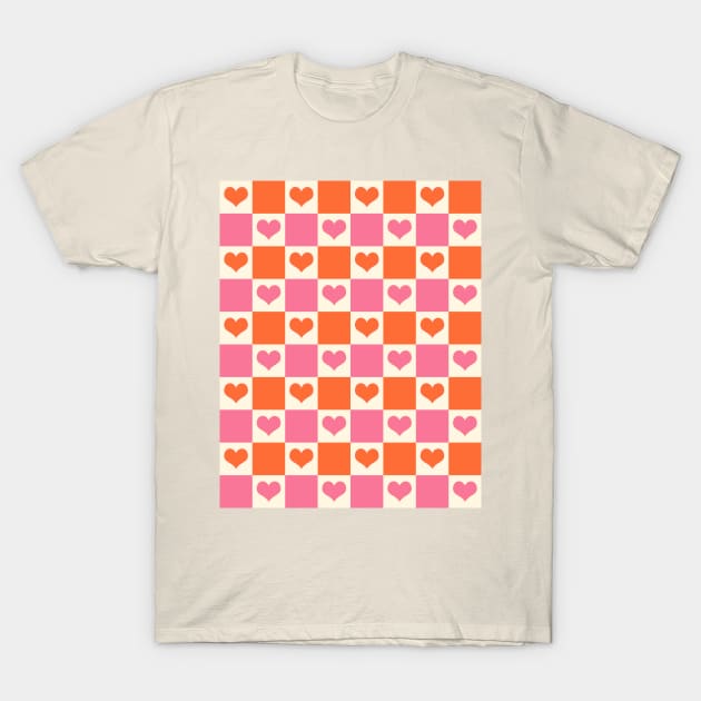 Checkerboard Hearts in Pink, Orange, and Cream T-Shirt by LAEC